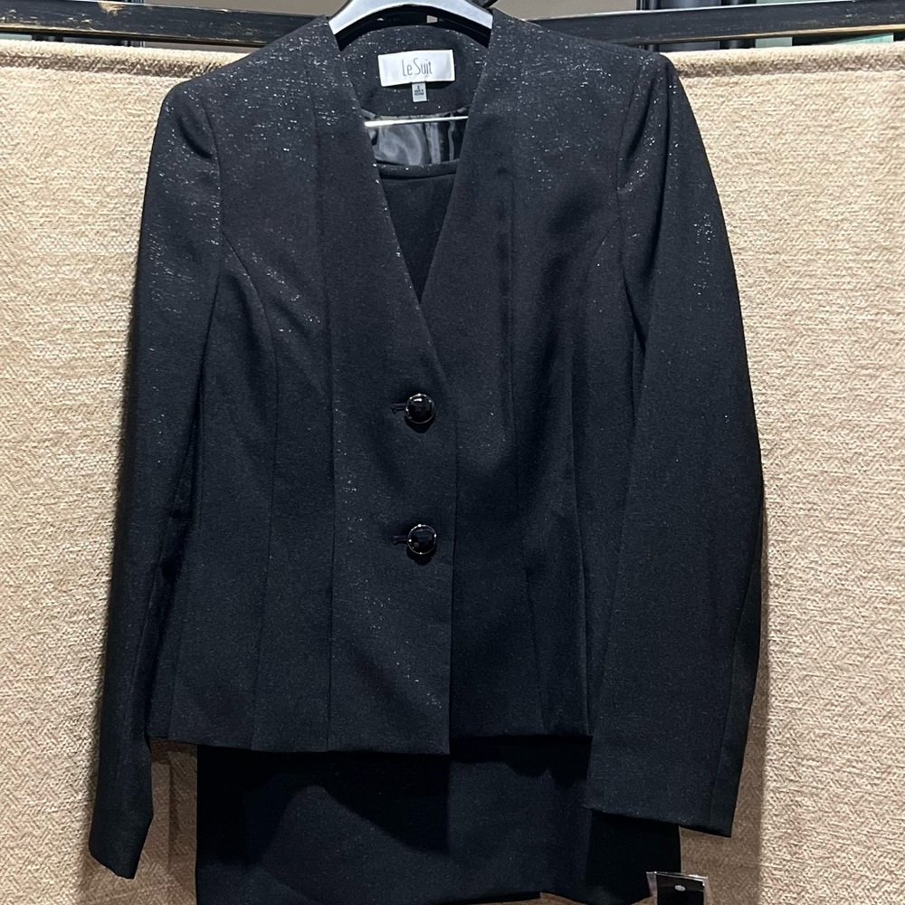 Le Suit Black Shimmer 2 Button Blazer & Skirt Suit